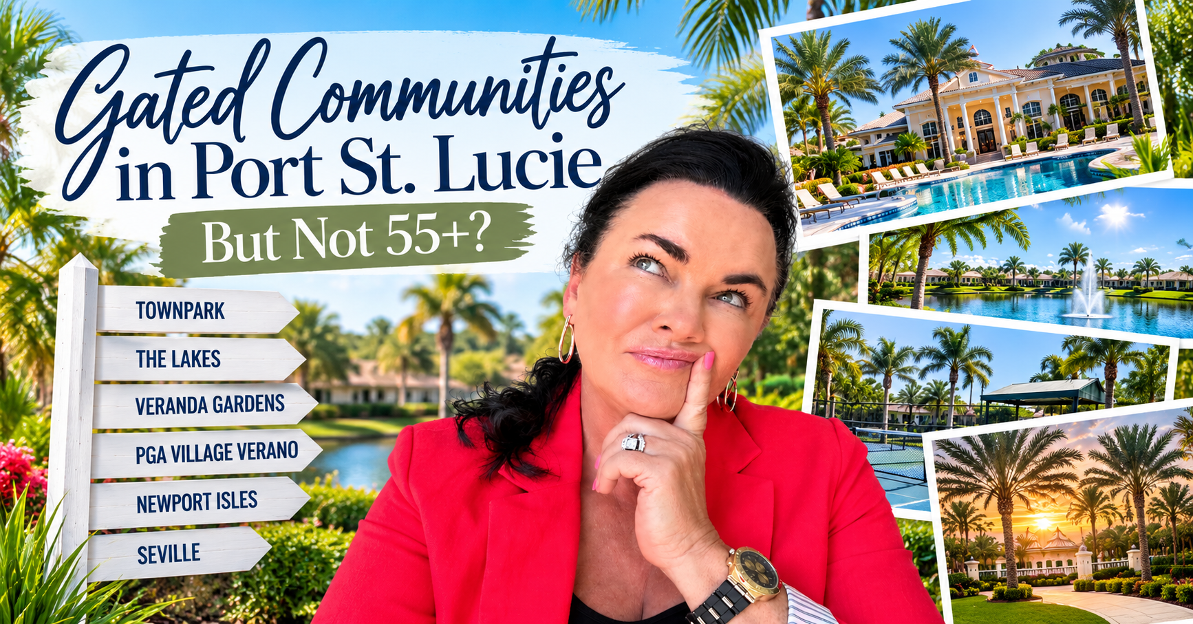 Donna Jarock highlighting six gated communities in Port St. Lucie, Florida, with resort-style amenities and no 55+ age restriction.